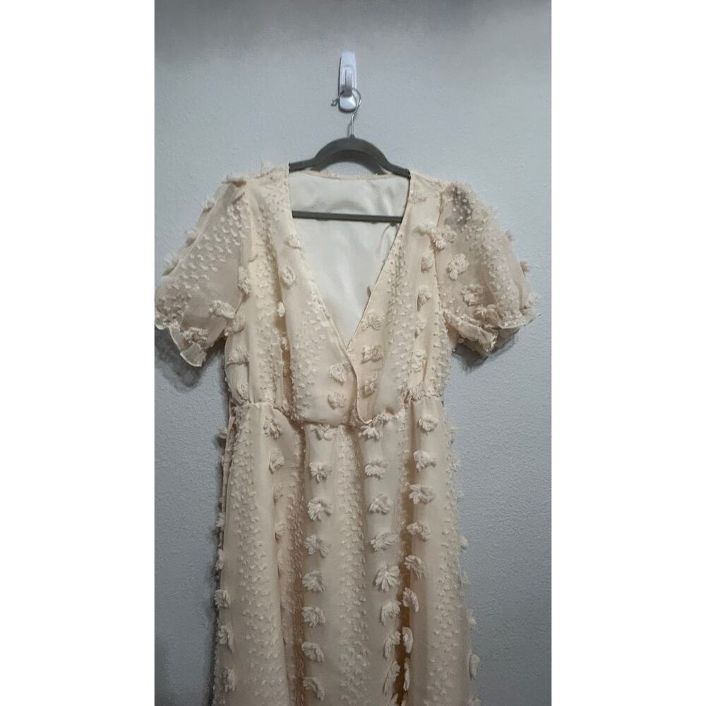SHEIN Cottagecore Curve V-Neck Jacquard Puff Sleeve Tie Front Cream 3D Dress 1X - Picture 5 of 9